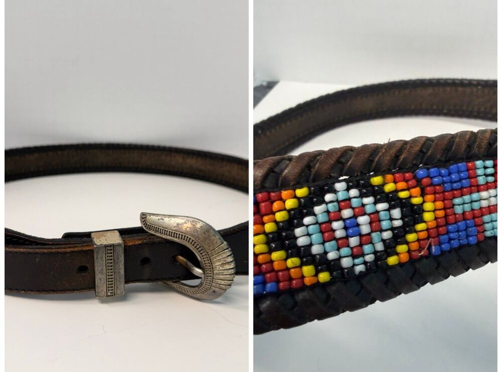 Vintage 1991 Leather Beaded Western Belt 36” - Picture 2 of 11
